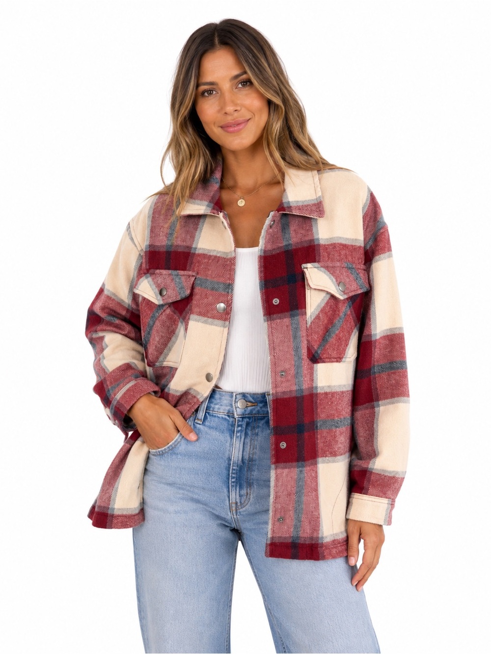 HFX Plaid Shacket Large Burgundy Cream Wool Blend Oversized Shirt Jacket